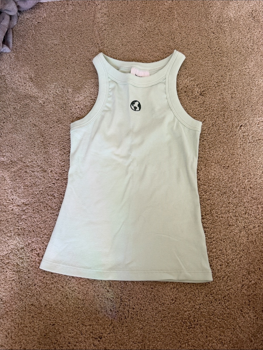 Reformation Light Mint Ribbed Tank with Globe Motif